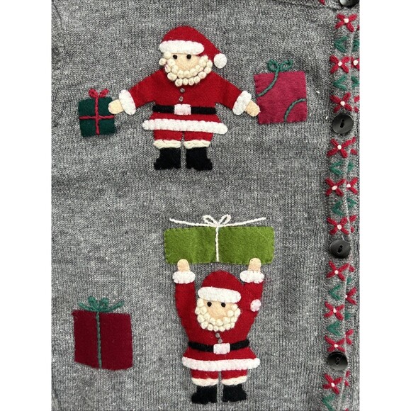 M Carroll Reed Womens M Gray Ramie Santa Holiday Cardigan Sweater Christmas - Picture 2 of 4
